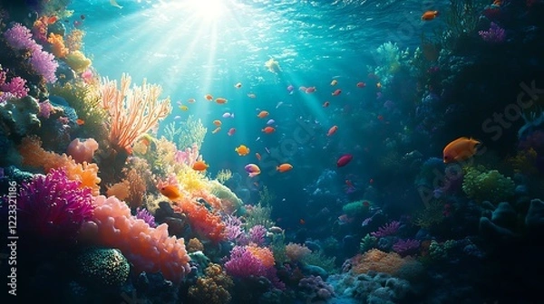 Fototapeta Vibrant coral reef teeming with colorful fish illuminated by sunbeams.