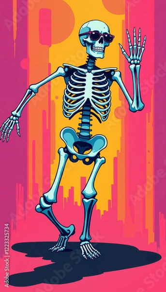 Fototapeta Skeleton with sunglasses waving in a vibrant and colorful abstract background, skeleton dance