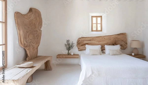 Fototapeta Minimalist bedroom with natural wood accents and clean white walls