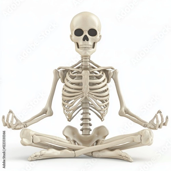 Fototapeta 3D icon cartoon of a skeleton meditating in a yoga pose, isolated on a white background -