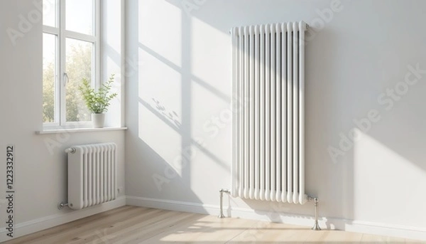 Obraz Modern White Column Radiators in Bright Sunny Room Interior Design Home Decor Elegant Heating System Stylish Apartment Warm Comfortable Home White    