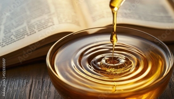 Obraz Golden Oil Dripping into a Glass Bowl near an Open Book
