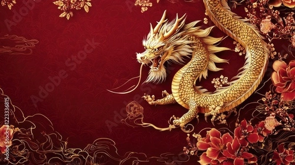 Fototapeta A sophisticated Chinese New Year poster featuring a golden dragon and floral design elements on a deep red background