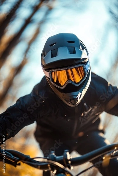 Fototapeta A person rides a bike while wearing a helmet and goggles for safety