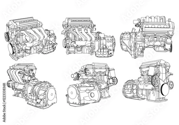 Obraz Engine Illustration Set. Car, Motorcycle, Electric Motor, and Rocket Engine for Science and Engineering Projects