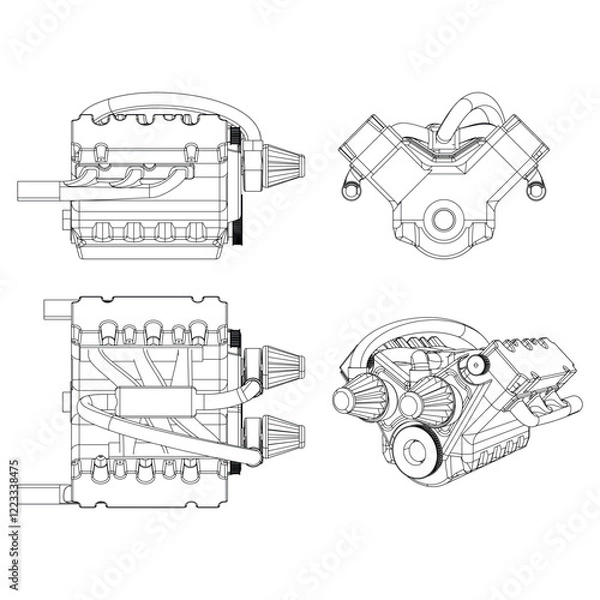 Fototapeta Engine Illustration Set. Car, Motorcycle, Electric Motor, and Rocket Engine for Science and Engineering Projects