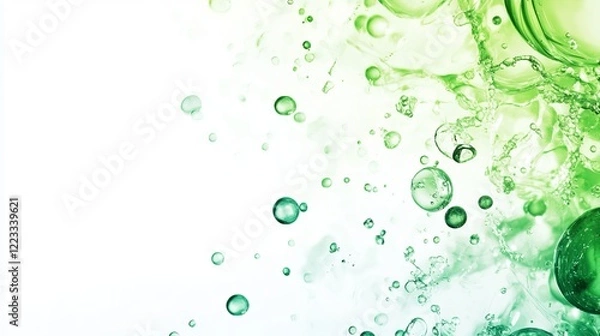 Fototapeta Transparent green oil bubbles and fluid shapes float gracefully in purified water against a white gradient background. 