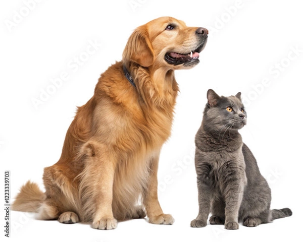 Fototapeta golden retriever dog and a gray cat sitting side isolated on transparent background