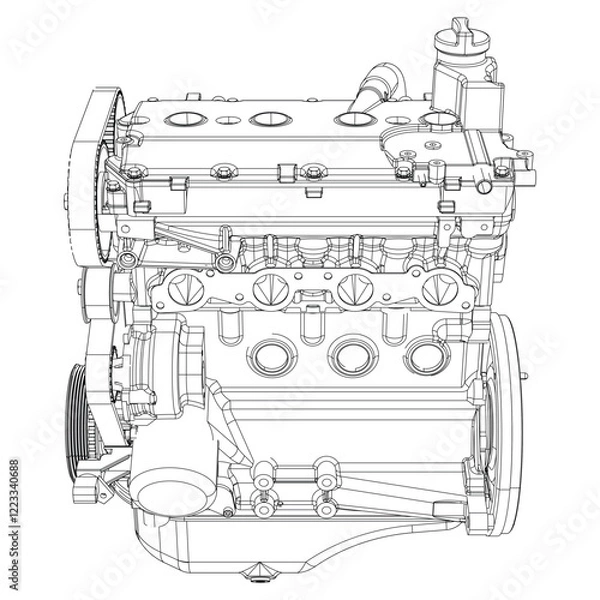 Fototapeta Engine Illustration Set. Car, Motorcycle, Electric Motor, and Rocket Engine for Science and Engineering Projects