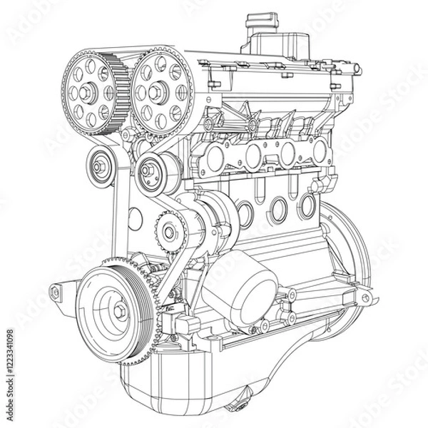 Fototapeta Engine Illustration Set. Car, Motorcycle, Electric Motor, and Rocket Engine for Science and Engineering Projects
