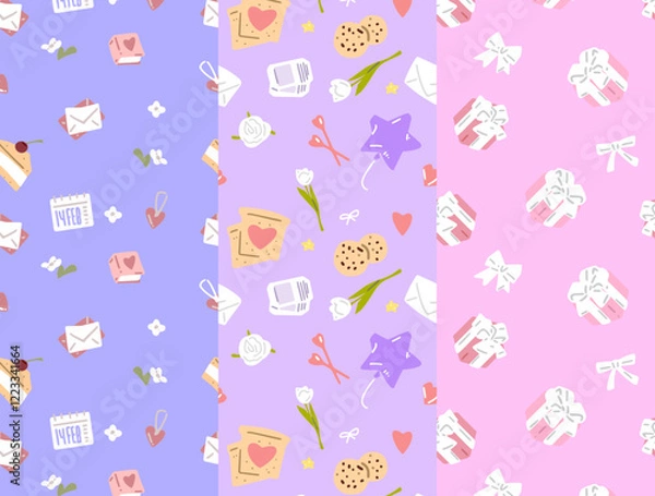 Fototapeta Seamless Valentine Patterns. Seamless Valentine-themed patterns featuring gift boxes, hearts, flowers, and letters on soft pastel backgrounds in pink, purple, and blue tones. 