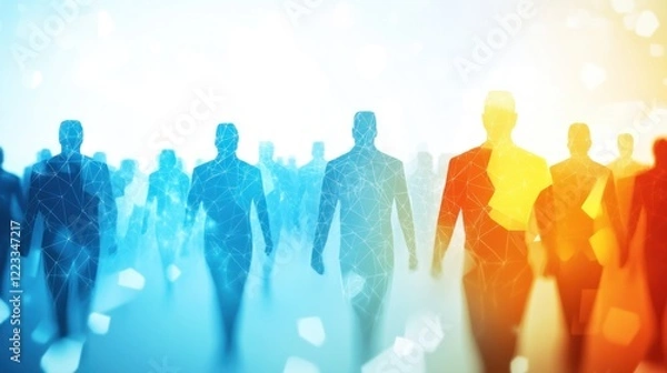 Fototapeta In a vibrant digital world, figures walk together, symbolizing connection and unity