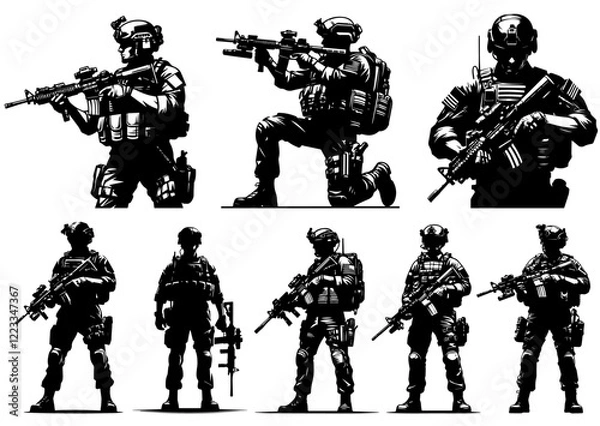 Obraz group of soldiers in tactical poses with rifles black silhouette vector