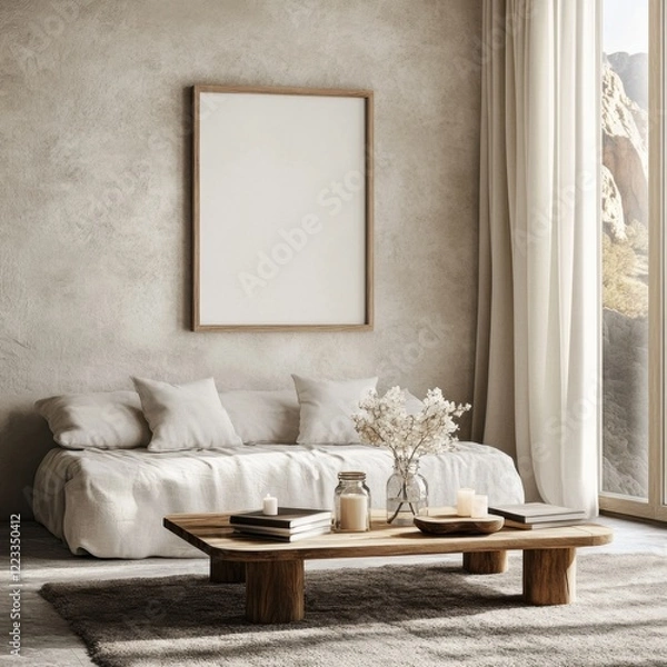 Fototapeta A white couch with pillows and a wooden coffee table. A framed white picture hangs on the wall