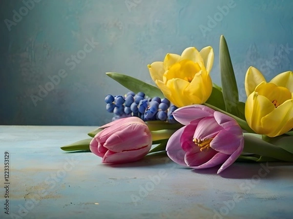Obraz Colorful Spring Bouquet with Tulips and Blue Hyacinths on a Rustic Table