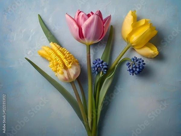Obraz and Purple Flowers on a Light Blue Surface