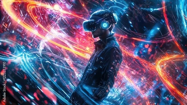 Fototapeta Futuristic Male Wearing VR Headset Surrounded by Neon Lights in High-Tech Environment with Abstract Digital Visualization Elements