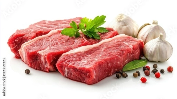 Obraz Fresh Cut Red Meat with Garlic and Spices for Culinary Use
