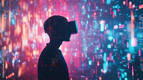 Fototapeta A person with a virtual reality headset stands in a captivating environment filled with abstract digital graphics and vibrant data visualizations, symbolizing cutting-edg