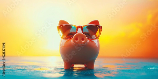 Fototapeta Playful piggy goes for a swim at sunset tropical poolside scene fun and whimsical content relaxing environment vibrant viewpoint summer vibes