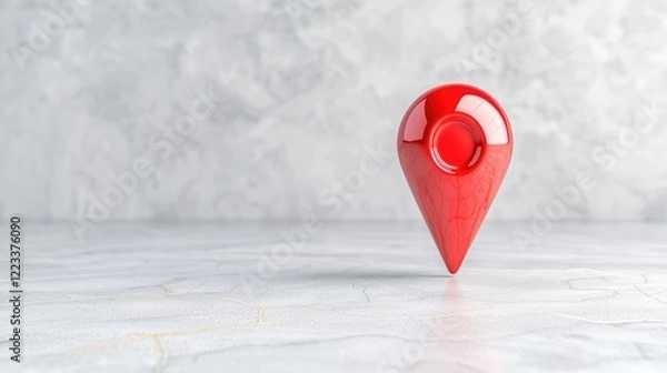 Fototapeta Red location pin on marble surface, grey background; app icon, navigation
