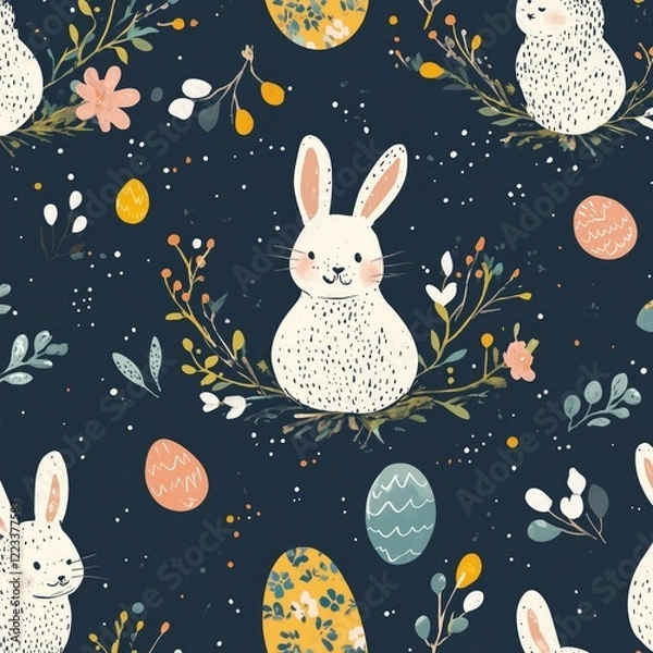 Obraz Easter seamless pattern with bunny, flowers, branch and grass