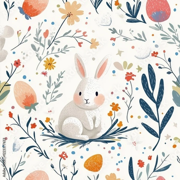 Fototapeta Easter seamless pattern with bunny, flowers, branch and grass