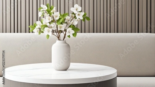 Fototapeta A modern interior scene featuring a round white table with a simple vase of white flowers set against a textured backdrop.