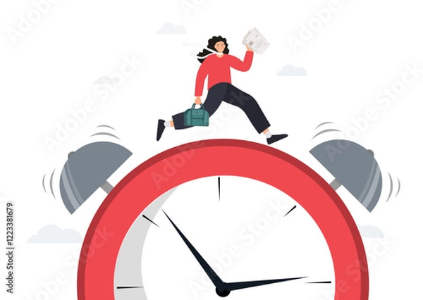 Fototapeta Business woman running late for work, stressed woman rushing to meeting woman with briefcase running against the clock, time management concept? flat vector illustration