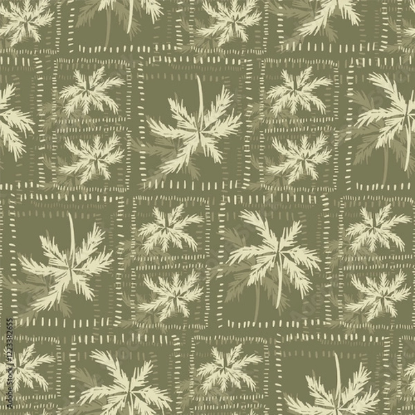 Fototapeta Green geometric tropical palm tree seamless pattern. Hand drawn jungle coconut in the frame. Vector summer vacation beach print. Safari textile design, botanical wallpaper, repeat background, fabric.