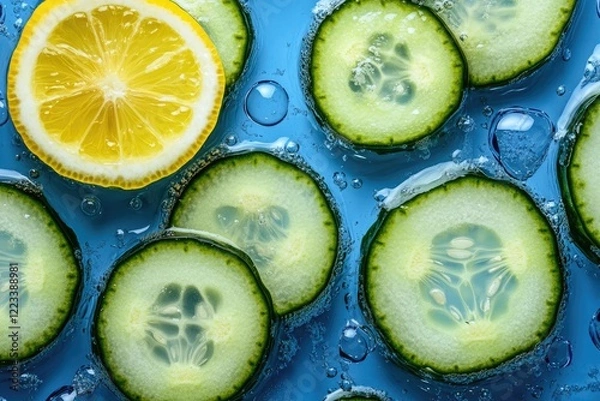 Fototapeta Refreshing Slices of Lemon and Cucumber with Water Droplets on Blue Surface