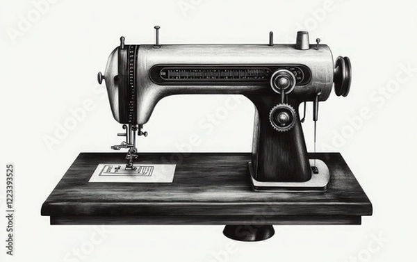 Fototapeta A monochrome vector illustration of a classic, upright sewing machine with a detailed wooden table