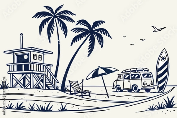Obraz Beach scenes, lifeguard towers, palm trees, hammock, vintage van, surfboards, beach umbrella, beach houses, monochromatic blue ink drawing, coastal lifestyle, tropical vacation, retro summer vibe