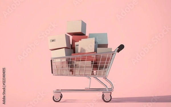 Fototapeta A shopping cart filled with boxes isolated on pastel pink background.