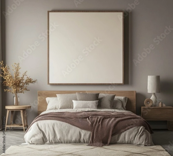 Fototapeta A serene bedroom featuring a cozy bed, neutral tones, and minimalist decor, highlighted by a large blank canvas above the headboard.