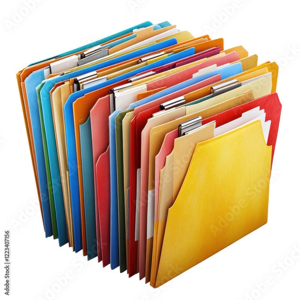 Obraz Organized file folders with various colored documents stacked neatly for efficient management, File folders with documents view