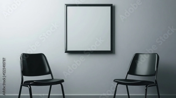 Fototapeta minimalist counseling setup featuring two black chairs facing blank frame on gray wall, creating calm and inviting atmosphere for discussions