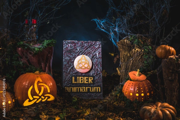 Obraz Spooky Halloween banner in a misty forest with an arrangement of glowing pumpkins with carved triquetras, magic book and candles with dried leaves. Translation of the book inscription: Book of Souls