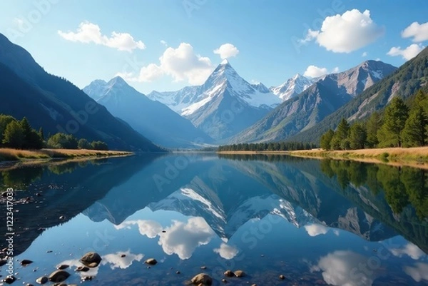 Fototapeta reflection of distant mountains in a lake's surface, mountain reflection, wetland