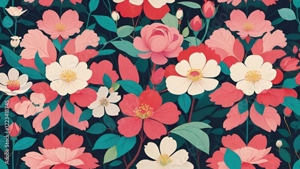 Fototapeta 和風スタイル, 装飾プリント, 日本の美学, 繊細な調和, 自然のインスピレーション, 装飾的な花, フラットイラスト, ベクターアート, タイムレスデザイン, フローラルグラフィック, バランスの取れた構図, 装飾芸術, 視覚の魔法, 花のシンボル.