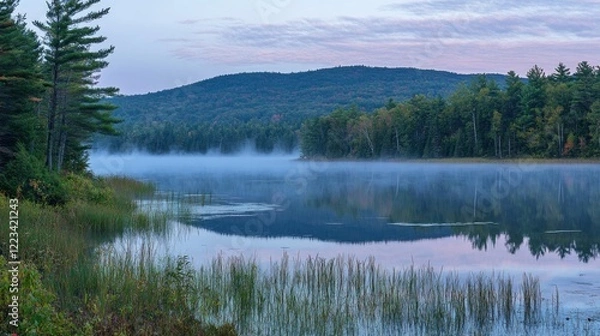 Obraz Serene lake mist shrouds tranquil autumn forest landscape