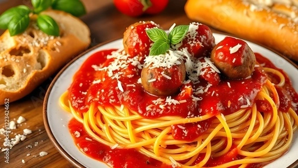 Fototapeta spaghetti with tomato sauce and meat balls