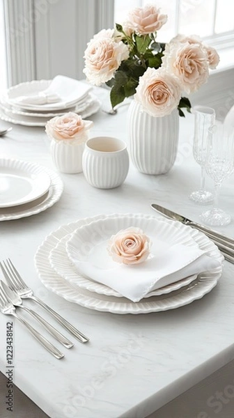 Obraz Elegant dining setup with white tableware and soft pink roses at a bright, sunny location for a special occasion celebration