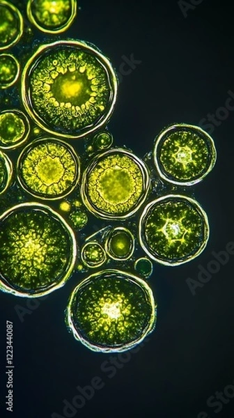 Fototapeta Magnified view of algal cells with visible chloroplasts and nucleus, a detailed microscope image of algal cells showing chloroplasts and the nucleus in high definition.