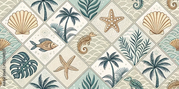 Fototapeta Illustration of tiles with palm trees, starfish, shells, coral flowers - seamless pattern for your design