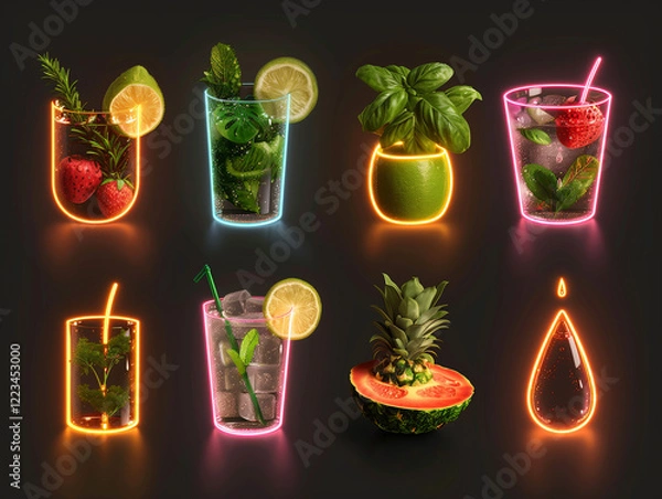 Obraz Set of neon lights with various drinks and fruits