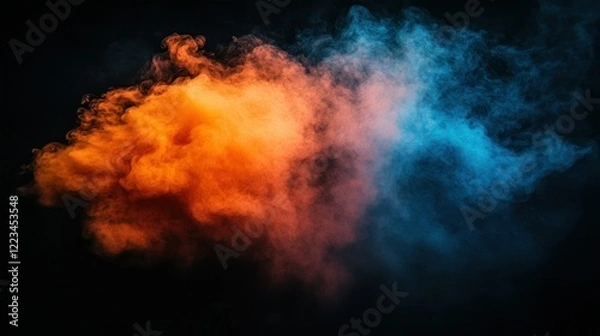 Fototapeta Orange blue smoke cloud, dark background, abstract design