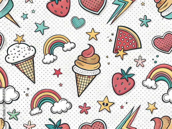 Fototapeta Illustration with ice cream, strawberries, hearts, stars, rainbow - seamless pattern for your design