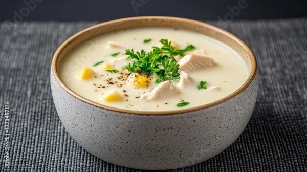 Fototapeta Elegant Creamy chicken soup with chunks of chicken corn and potatoes topped with cracked pepper and served in a stoneware bowl on a textured background 