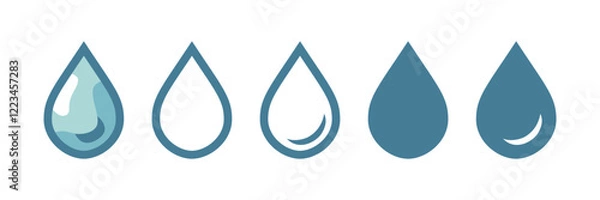 Fototapeta Set of water droplet icons in various styles and outlines. Blue teardrop shapes with solid, outlined, and gradient-filled designs on a white background. Design for templates, banners, and infographics